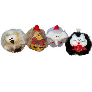 Vintage puffy animal holiday ornaments cat lion owl elephant